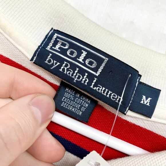Polo Ralph Lauren Shirt Men Size Medium Collared Button Stripe Polo Red White - Picture 4 of 9